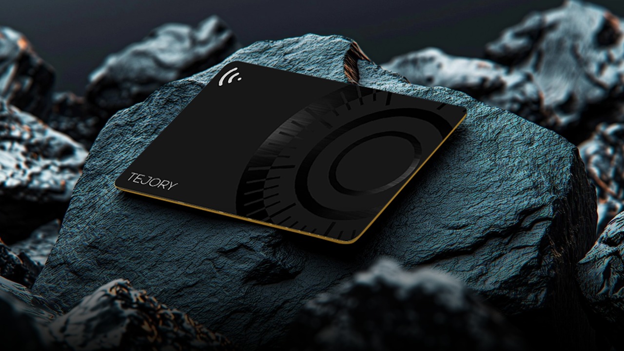 Tejory card on a black rock